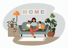 Family room interior design. Mom reads a book to the children. vector