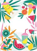 Tropical background. Tropical plants, ice cream, cocktail and fruit, vector illustration