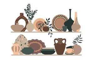 Set of dishes, colorful plates, bowls, ceramic vases with plants and a jug on a white background. vector