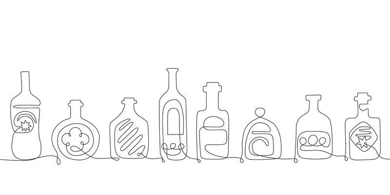 Set with different bottles of alcohol or another drinks. Party, pub, restoraunt, club element for prints, textile, posters,cards etc. Vector linear abstract illustration