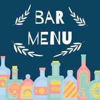 Bar menu concept with different bottles of alcohol drinks. Party, pub, restoraunt or club banner. alcohol coctail. Vector illustration