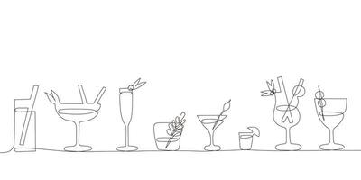 Cocktails set in trendy one continuous line art style. Party, pub, restoraunt, club element for prints, textile, posters,cards etc. fresh and cold alcohol coctail. Vector linear abstract illustration