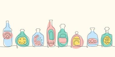 Set with different bottles of alcohol in trendy one continuous line art style. Party, pub, restoraunt, club element for prints, textile, posters,cards etc. Vector linear abstract illustration