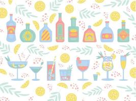 Cocktails and alcohol bottles set, with lemon, berry, mint, ice and straw. Party, pub, restoraunt or club element. fresh and cold alcohol drinks. Vector flat illustration, isolated on a white.