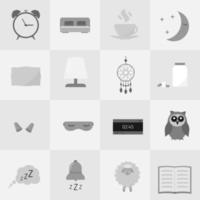 Sleep and Insomnia vector icon set. Sleep problems and sleeplessness concept. Alarm, bed, pillow, pills, dreamcatcher, earplug, sleeping mask, cup, owl, sheep flat objects. Easy to edit template.