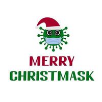 cuarentena navideña. Feliz Navidad letras con virus de dibujos animados lindo con máscara. vacaciones de invierno en la pandemia de coronavirus covid-19. plantilla de vector para cartel de tipografía, banner, tarjeta de felicitación