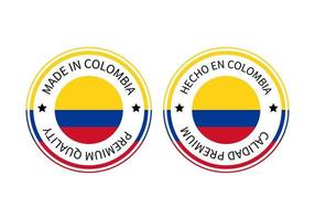 Made in Colombia round labels in English and in Spanish languages. Quality mark vector icon. Perfect for logo design, tags, badges, stickers, emblem, product package