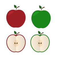 iconos de manzana roja y verde estilo plano entero y medio aislado sobre fondo blanco. Ilustración de vector de frutas de otoño. concepto de alimentos orgánicos naturales.