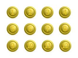 Set of gold round buttons with numbers from 1 to 12 with shadows. Golden buttons isolated on white. Numbered badges vector icons. 3d keys for websites and mobile applications. Easy to edit template.