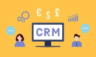 CRM lettering on the computer screen. Customer relationship management vector illustration. Software for working with clients. Modern technologies of business automation.