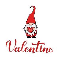 Be my Valentine hand lettering with cute gnome holding heart. Scandinavian Nordic Character. Vector template for Valentines Day banner, poster, greeting card, t shirt, etc