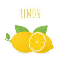 limón con hojas ilustración vectorial en estilo plano. enteros y cortados en mitades de limones. cítricos orgánicos naturales aislados sobre fondo blanco. vector