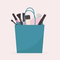 productos cosméticos y perfumes en bolsa de la compra. concepto de moda y glamour. compras para blogger de belleza o artista de maquillaje. ilustración vectorial. vector