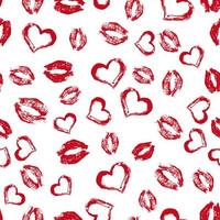 Seamless pattern red lipstick kisses and hearts on white background. Lips prints vector illustration. Perfect for Valentines day greeting card, textile design, wrapping paper, cosmetics package, etc.