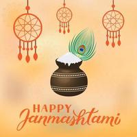 Traditional Hindu festival vector illustration with hand lettering Happy Janmashtami . Easy to edit template for typography poster, banner, flyer, invitation, etc.