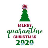 Merry Quarantine Christmas lettering with cute cartoon virus wearing mask. Winter holidays in coronavirus COVID-19 pandemic. Vector template for typography poster, banner, greeting card. etc
