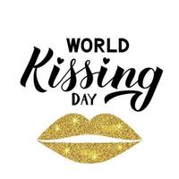 Kissing day hand lettering with shiny gold lips isolated on white. Easy to edit template for typography poster, banner, sticker, flyer, badge, t-shot, etc. vector