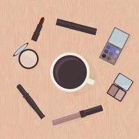 Flat lay cosmetics accessories and cup of coffee on wooden table surface. Concept of fashion and glamour. Vector design for beauty salons, bloggers, social media, websites, etc.