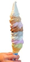 ice cream rainbow flavor frozen dessert pattern in brown waffle cone hand holding on white. photo