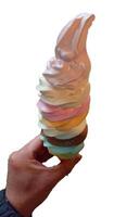 ice cream rainbow flavor frozen dessert pattern in brown waffle cone hand holding on white. photo