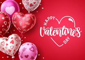Fondo de vector de globos de corazón de feliz día de San Valentín. texto de felicitación del día de San Valentín con forma de corazón y elementos de globo de patrón en fondo rojo. ilustración vectorial.