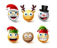 Christmas emoji vector set. Emojis xmas characters like santa, elf, gingerbread and raindeer icon collection facial expression isolated in white background.