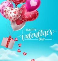 Happy valentines day balloons with falling hearts vector design. Valentines day greeting text with flying colorful air balloon pattern elements in blue sky background. Vector Illustration.