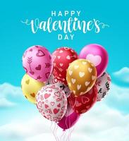 Happy valentines day heart balloons vector design. Heart shape colorful bunch of balloons for valentines day celebrations flying in blue sky background. Vector illustration.