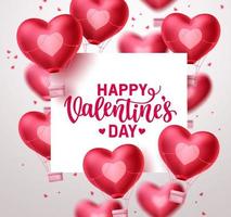Fondo de vector de globos de corazón de San Valentín. Feliz día de San Valentín texto de saludo en espacio en blanco con elementos de globo de aire de corazón volador en fondo borroso. ilustración vectorial.