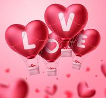 Love heart balloons for valentine's day concept design. Bunch of red heart balloons element floating in blurred background. Vector illustration.