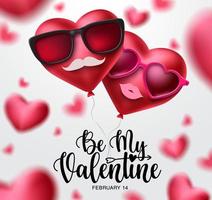 Be my valentine vector design. Heart couple balloons with sunglasses, mustache and lip decoration elements for valentine's day invitation and celebration in blurred background. Vector illustration