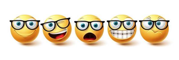 Emoji face vector set. Emojis nerd face with funny, happy and naughty facial expressions in yellow color emoji isolated in white background. Vector illustration