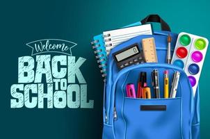 Back to school vector template design. Welcome back to school text with educational supplies like backpack, water color, notebook and calculator in blue background. Vector illustration