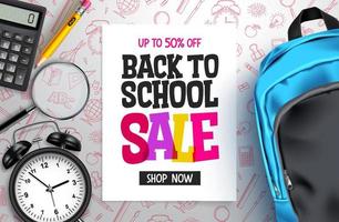 Back to school sale vector banner design. Back to school promotion text with educational supplies for advertisement design. Vector illustration