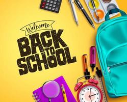 Back to school vector background design. Welcome back to school text with colorful educational supplies in yellow space background. Vector illustration