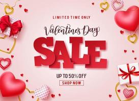 banner promocional de vector de venta de día de San Valentín. texto de venta con corazones, regalos y elementos de joyería en fondo rosa para la promoción de descuento del día de San Valentín. ilustración vectorial.