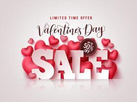 Valentines day sale vector banner. Valentines day sale 3D text with heart shapes elements in white background for discount promotion. Vector illustration.