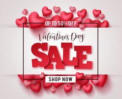 Valentines day sale vector promotional banner. Valentine sale 3D text with heart shapes elements in white background for valentines day discount promotion. Vector illustration.