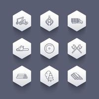 Logging, forestry, timber, tree harvester, sawmill, logging truck, line hexagon icons, logging pictograms, vector illustration