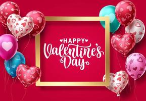 Diseño de fondo de vector de globos de día de San Valentín. Texto de saludo de feliz día de San Valentín en marco dorado con patrones de globos coloridos y elementos de corazón en fondo rojo. ilustración vectorial.