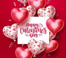 feliz día de san valentín con globos de corazón vector plantilla de fondo. texto de saludo de San Valentín en un espacio en blanco con elementos de globo de corazón rojo en fondo rojo. ilustración vectorial.