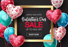 Valentines day sale balloons vector banner design. Happy valentines day sale promotion text with colorful balloons and heart elements in black background. Vector illustration.