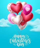 Diseño de vector de globos de corazón de San Valentín. Texto de feliz día de San Valentín con coloridos globos de corazón para San Valentín y celebraciones de cumpleaños en fondo de cielo azul. ilustración vectorial.