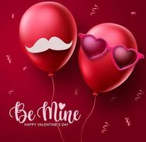 Valentines couple balloons vector concept design. Happy valentines be mine text with red lovers balloon decoration elements in red background. Vector illustration
