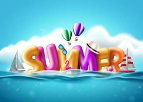 Summer balloon text vector design. Summer 3d text balloons floating in water with beach elements in blue sky background for holiday season vacation. Vector illustration.