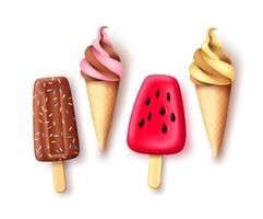 Summer ice cream and popsicle vector set. Tropical refreshment food collection with delicious flavor isolated in white background for hot season refresh. Vector illustration.