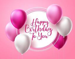 Happy birthday vector template design. Birthday greeting text in white frame space with balloon elements for party celebration and invitation card in pink background. Vector illustration.