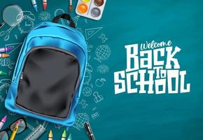 Back to school vector template design. Welcome back to school text in chalkboard space with 3d educational supplies in hand drawn background. Vector illustration