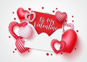 Be my valentine vector greeting card design for valentines day with loveletter and different heart shapes elements in white background. Vector illustration.