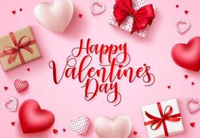 Happy valentines day vector background. Happy valentines day greeting text with hearts and gifts elements in pink space background template. Vector illustration